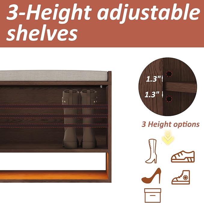 HOMEFORT 23.6" Fluted Shoe Storage Bench, Small Entryway Bench with Linen Seat Cushion, Shoe Cabinet Bench with Adjustable Shelf and Built-in LED Sensor Light, Bench for Bedroom End of Bed,Walnut