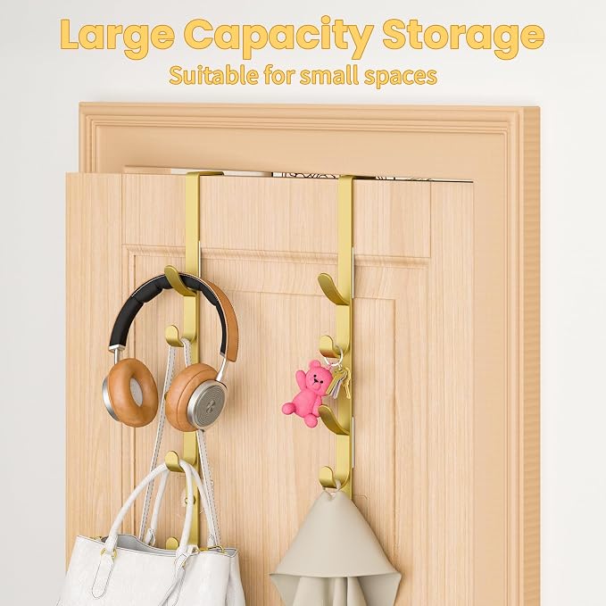 Kaiferty Over The Door Hooks, Metal Door Hooks for Hanging, Over The Door Purse Organizer for Door Coat Hanger, Back of Shower for Hanging Towel Rack Clothes, Hat, Bathroom, Closet (Gold-2Packs)
