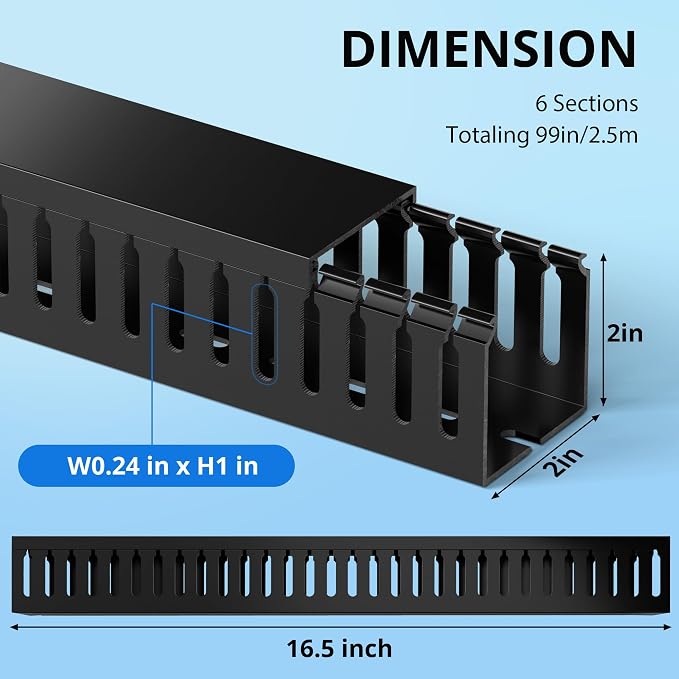 2" H x 2" W Cable Raceway, 99in Under Desk Wire Management Channel, Black | Slotted Wire Duct, 6Pack, 16.5in Each, Heavy-Duty PVC Cable Management for Server Racks, Network Cables & Electrical Cabinets