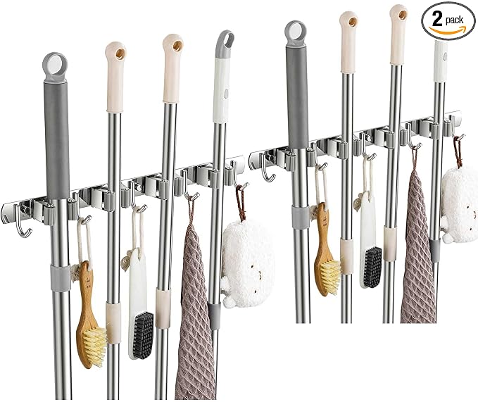 2 Pack Wall Mount, Stainless Steel Broom Hanger, Heavy Duty Mop and Broom Holder Tool Racks Utility Hooks for Laundry Room Garden Garage, Grey (4 Racks and 5 Hooks)