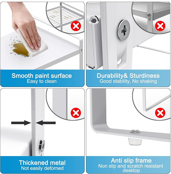 Yuleimy 11" Deep Expandable Cabinet Shelf Organizer, 14" to 26" Adjustable Metal Countertop Riser for Under Sink and Kitchen Cupboard Storage, Heavy Duty 55 Lbs Anti-Sag Central Rod, White, 1-Pack