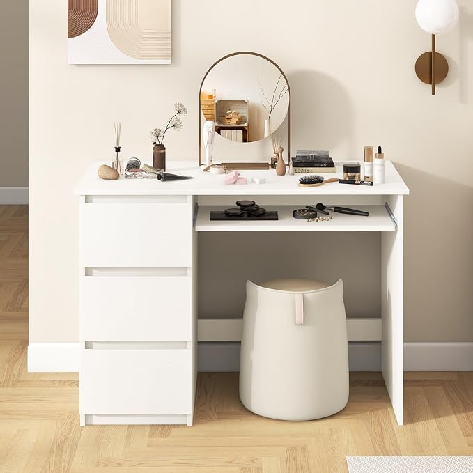 DREAMADE 42" Computer Desk with 3 Drawers and Keyboard Tray, White | Wood Study Desk with Storage, Built-in Charging Station & Slide Out Tray, Writing Table for Home Office Studyroom & Bedroom