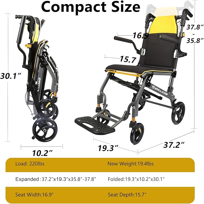 Wheelchairs for Adults Transport Chair Lightweight Foldable with Telescopic Handle,17" Width Compact Portable Folding Travel Wheel Chairs for Seniors