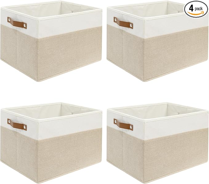 4 Pack Large Fabric Storage Baskets with Handles (White with Beige,15" L*13" W*13" H)