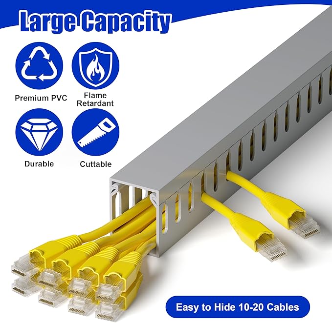 1.6" H x 1.2" W Cable Raceway, 6ft Under Desk Wire Management Channel, Grey | Slotted Wire Duct, 2 Pack (3 ft Each), Heavy-Duty PVC Cable Management for Server Racks, Network Cables & Electrical Cabinets