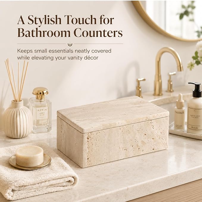 Natural Travertine Rectangular Box with Lid | Natural travertine box for jewelry, makeup pads, clips and dry small vanity essentials.