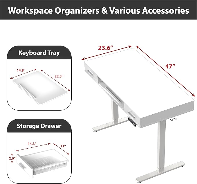 SHW 48-Inch Electric Height Adjustable Desk w/Keyboard Tray, White | w/ 2 Drawers | Memory Presets and Cable Management | Hanging Hooks