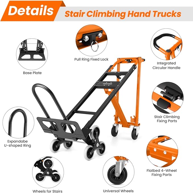 4-in-1 Hand Truck Dolly Heavy Duty Industrial Convertible, 1000 LBS Stair Climbing Cart Utility Cart Converts from Hand Trucks Dolly to Platform Cart Folding Stair Climbing Cart (Orange)