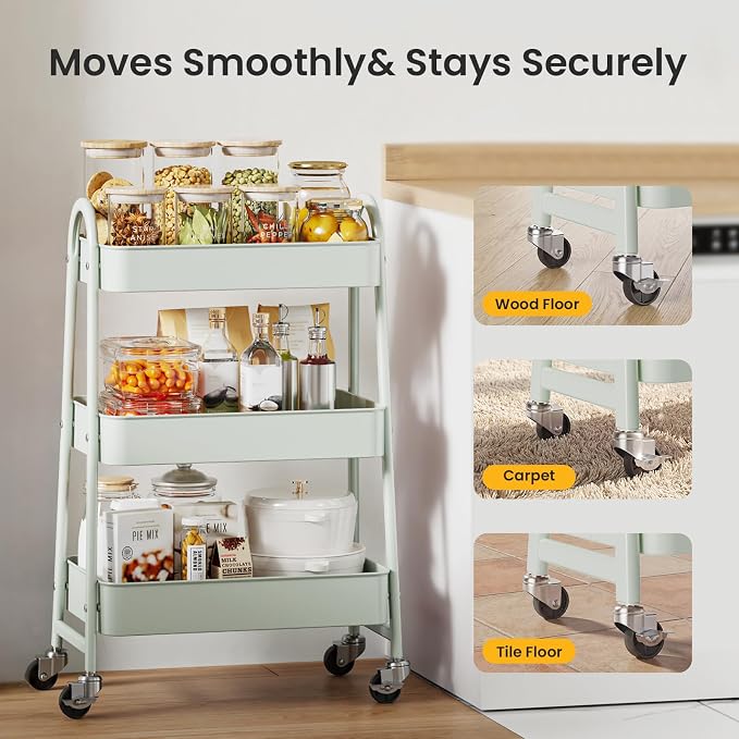 DUMOS 3 Tiers Rolling Cart, Utility Cart, Metal, Light Green | Mobile Storage, Lockable Wheels, Utility Shelving Unit, Kitchen, Bathroom, Laundry, Narrow Places