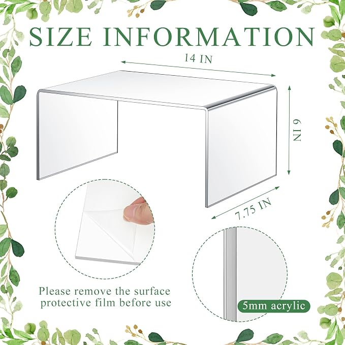 RattanView 2 Pcs 14 Inch Large Acrylic Risers Display Stands 5 mm Thick Acrylic Shelf Riser Showcase for Collectibles Jewelry Cupcakes Food Figures Perfume Cabinet (Clear)