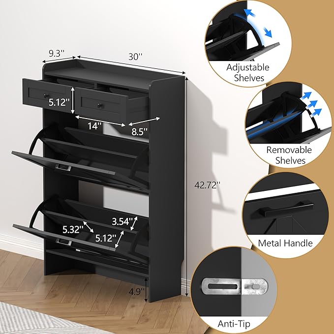 Thacuok Black Shoe Cabinet with 2 Flip Drawers & 2 Storage Drawers, Rustic Farmhouse Narrow Shoe Organizer Cabinet, Slim Shoe Rack Cabinet, Shoe Storage Cabinet for Entryway, Hallway