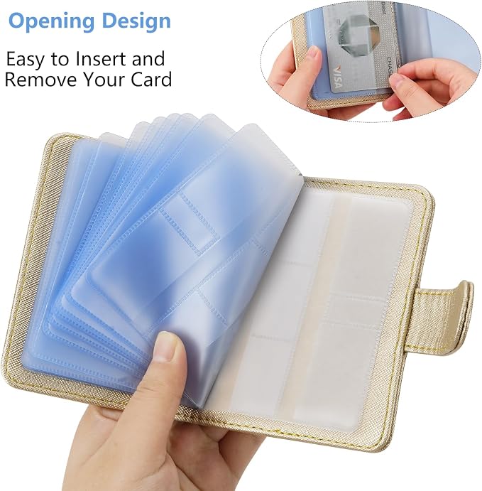 Wisdompro Slim PU Leather Credit Card Holder, Vertical Gold | RFID Blocking Wallet Debit Card Protector, Organizer Case, Card Case, 20 Card & 7 Memory Card Slots, with Magnetic Closure