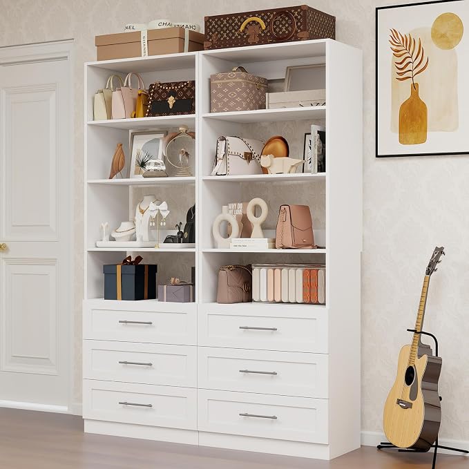 Closet Organizer System with Drawers, 4FT Wood Closet Shelving System Small Walk in Closet Standalone Corner Closets Storage with Hanging Rods White (4FT)