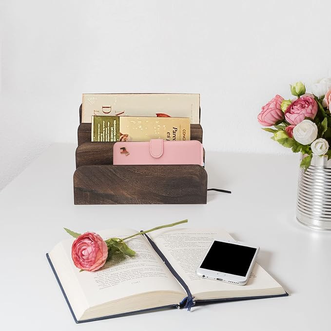 File Holder for Desk,Wood Paper Organizer,Rustic Desk Organizer,Mail Sorter for Desktop,Organizer for Counter,Letter Organizer for Document/Filing/Folders/Paper,Darkbrown