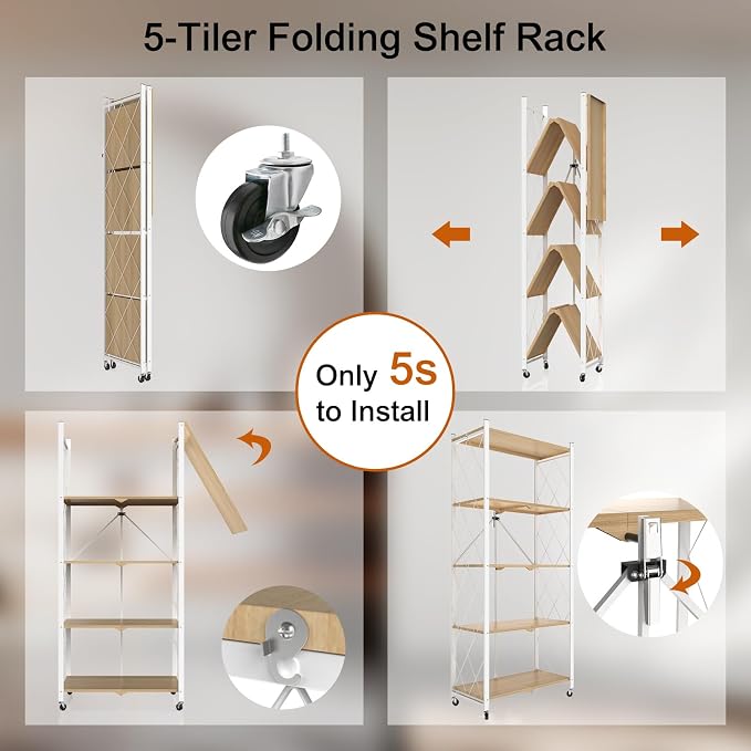 5 Tier Folding Storage Shelves with Wheels, Foldable Bookshelf No Assembly Collapsible Shelf Heavy Duty Rolling Shelving Unit for Kitchen Bedroom Living Room (White, 27.9"x 13.3"x 62.6")