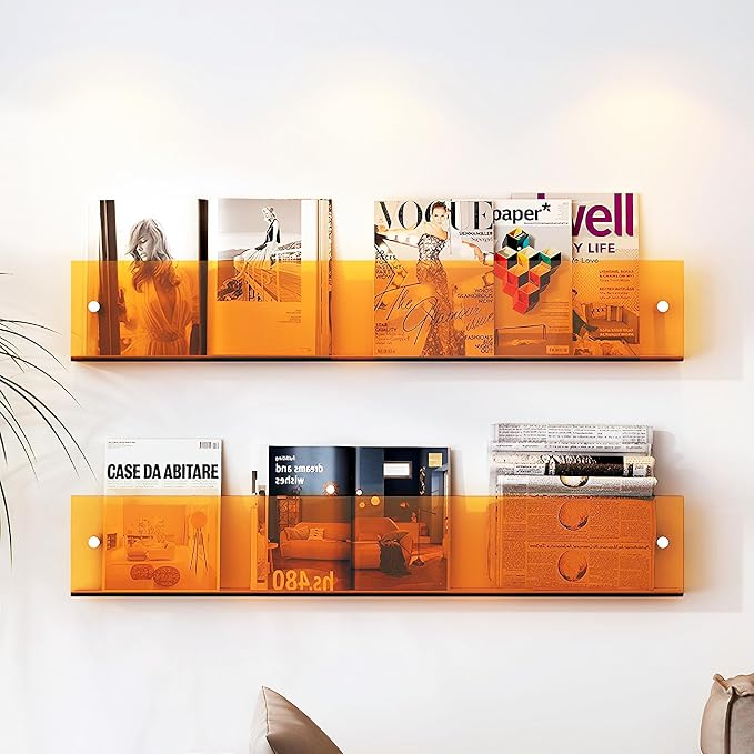 ROYALITA 2-Pack Acrylic Magazine Holder Brochure Holder, Orange 17 Inch | Record Magazine Rack, Fashion Floating Bookshelf, Literature Storage Rack for Waiting Room, Living Room, Office