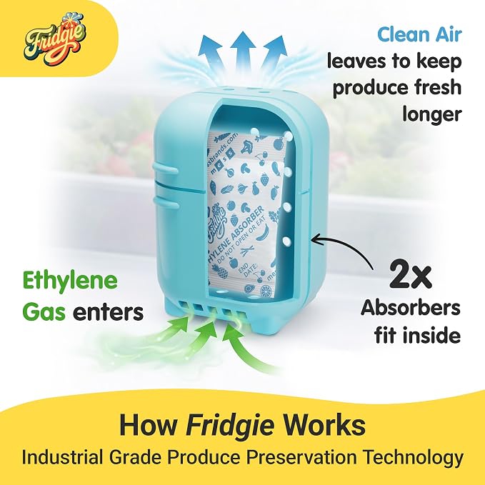 Fridgie Produce Saver, Ethylene Gas Absorber, Fridge Lettuce Keeper - Blue | 4 refill packets, lasts up to 1 year, slows ripening, reduces food waste, crisper drawer, protects berries, herbs, greens