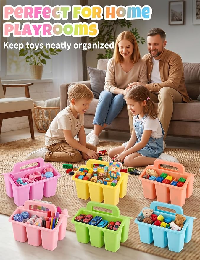 6 Pack Classroom Caddy Organizer with Handle, Table Caddy Classroom | 4 Compartments, 9×6.3×6.7 inches, Thick Durable PP Plastic, Built-in Handle, Stackable Design, for Classroom Desk Office Home