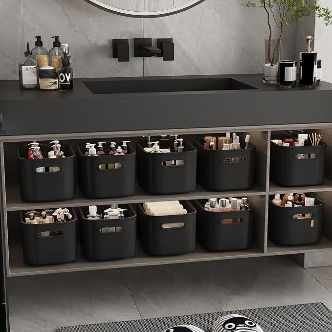 ORGIDOL 12 Pack Black Plastic Storage Bins, Storage Container for Organizing, Storage Boxes with Handle for Shelves, Cute Organizer Bins for Craft, Snacks, Pantry, Cabinet, 8.7x6.7x5.66inch