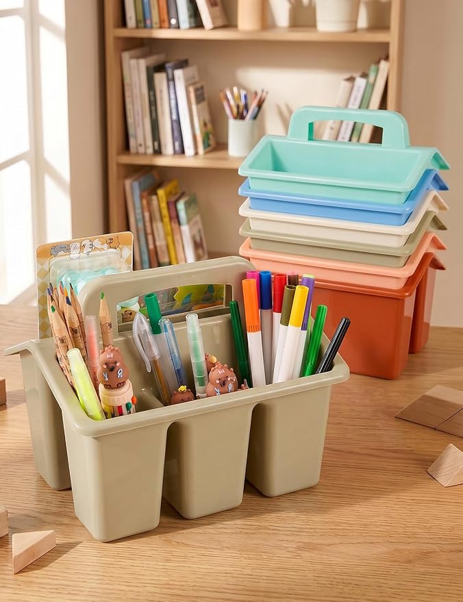 6 Pack Classroom Caddy Organizer with Handle, Table Caddy Classroom | 4 Compartments, 9×6.3×6.7 inches, Thick Durable PP Plastic, Built-in Handle, Stackable Design, for Classroom Desk Office Home