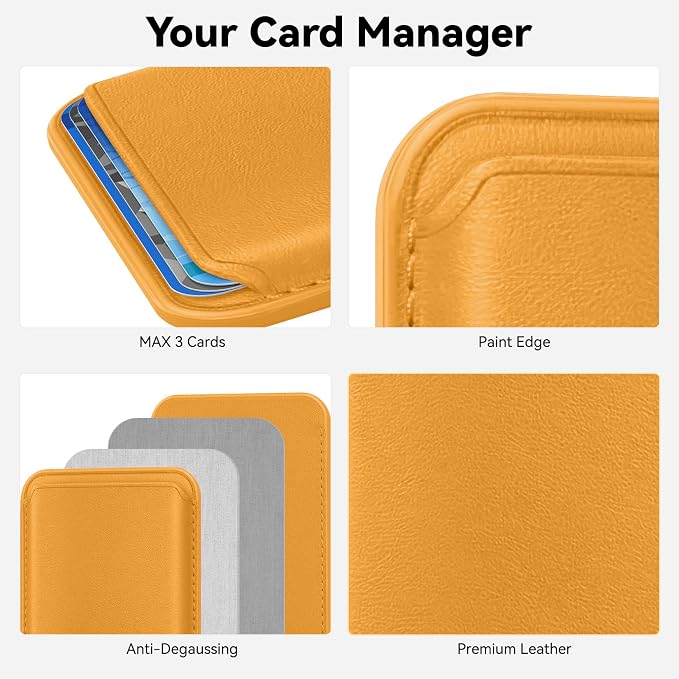 Magnetic Wallet Cell Phone Card Holder for Phone Case with Mag-Safe, Stronger Magnetic RFID Leather Phone Wallet Stick on Series of iPhone 17/16/15/14/13/12 and Pro/Promax, Yellow