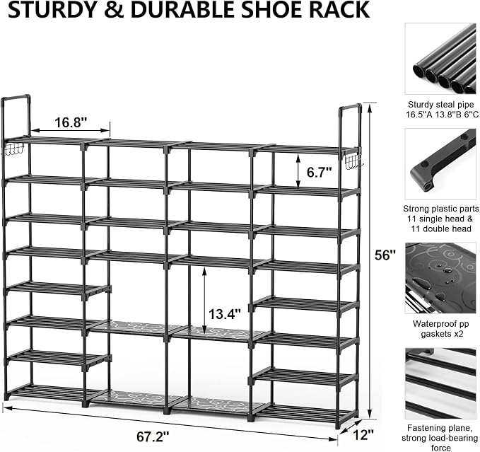 Mavivegue Extra Large Shoe Rack, 8 Tier 4 Rows 72-76 Pairs Big Tall Metal Shoe Shelf,Big Boot Rack Storage Organizer for Garage,Show Rack Shoe Holder Stand,Closet Rack Organizers and Storage
