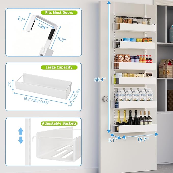 6-Tier Hanging Pantry Organizer, Metal Spice Rack Storage for Kitchen Laundry Bathroom Cabinet, White