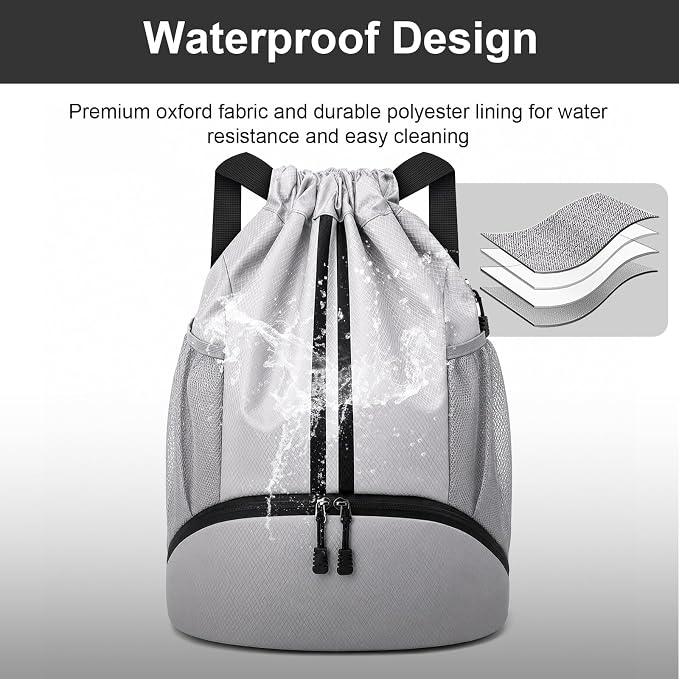 Hoedia Sports Drawstring Backpack - Swim Gym Bag for Women and Men | String Bag with Shoes Compartment and Wet Proof Pocket, Adjustable Wider Shoulder Strap, For Soccer, Basketabll, Volleyball