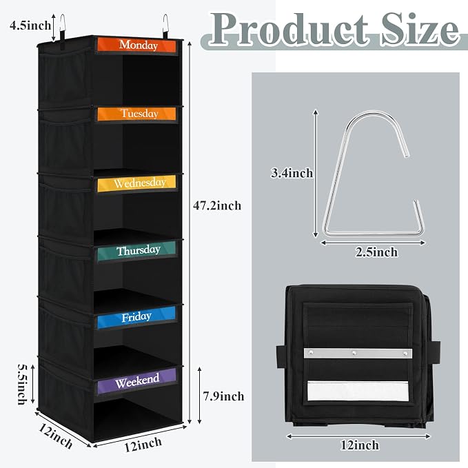Amylove 2 Pack 6 Shelf Weekly Clothes Organizer for Kids with Side Pocket, 47 Inch Days of the Week Clothes Organizer, Monday to Friday Daily School Outfits Clothing Divider for Kids(Black)
