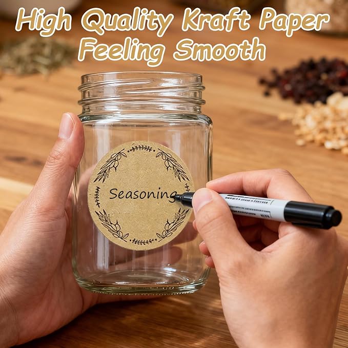 500 Jar Stickers, Jelly Jars & Jam Jar Labels, Kraft Paper Gift Tags, 4 Different Garland Designs for Mason Jars/Bottles/Name Tags and More (2 Inch Round)