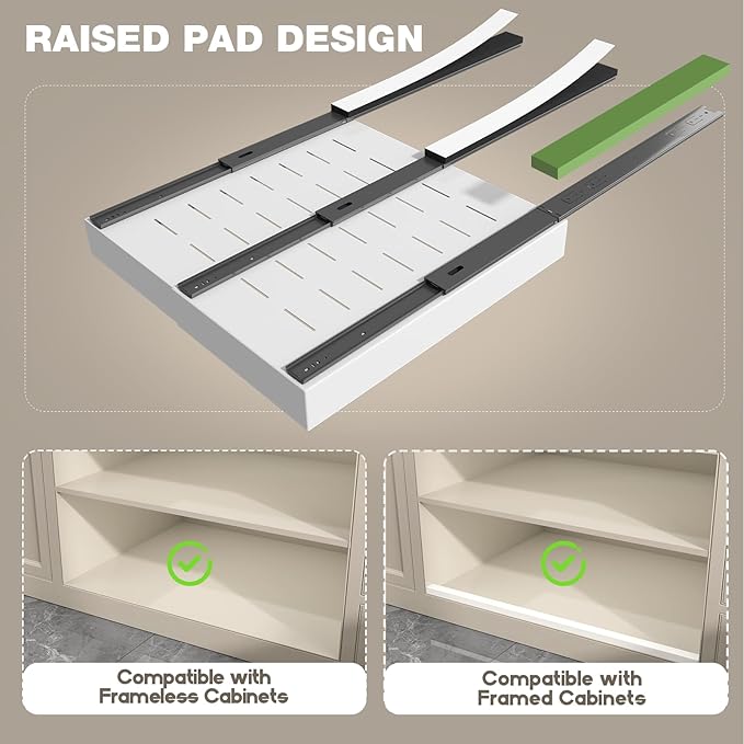 Seinloes 1 Pack Pull Out Cabinet Organizer 22" Deep,Full Extension 3 Slide Rails Slide Out Drawers With Raising Pad for Framed Cabinets,Expandable Width (12.3"-20.5"),No Drill Roll Out shelf,White