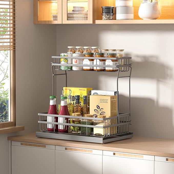 2 Pack Under Sink Organizers and Storage, 2 Tier Pull Out Cabinet Organizer, Metal Sliding Drawer Storage for Kitchen Bathroom，Gray
