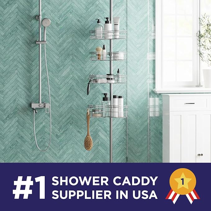 Zenna Home Tension Pole Shower Caddy Corner Organizer, Adjustable Standing Shower Caddy with 4 L-shaped Baskets and Hooks, Rust Resistant Bathroom Tension Rod Organizer, 60 to 97 Inch, Satin Nickel