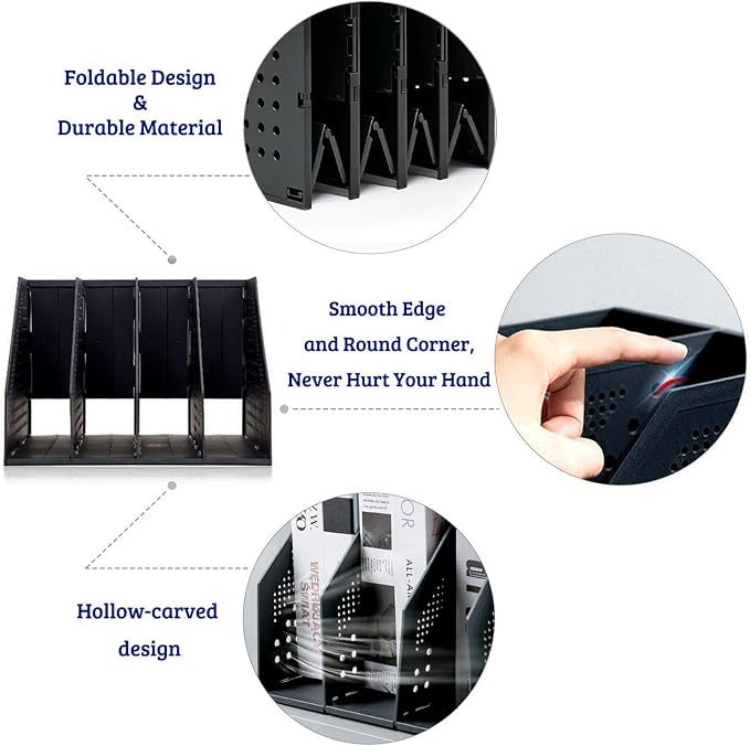 Marte Vanci Collapsible Magazine File Holder with 4 Vertical Compartments, Binder Holder for Desk, Desktop Binder Organizer for Notebook, Documents, Book, School Office Supplies(Black)