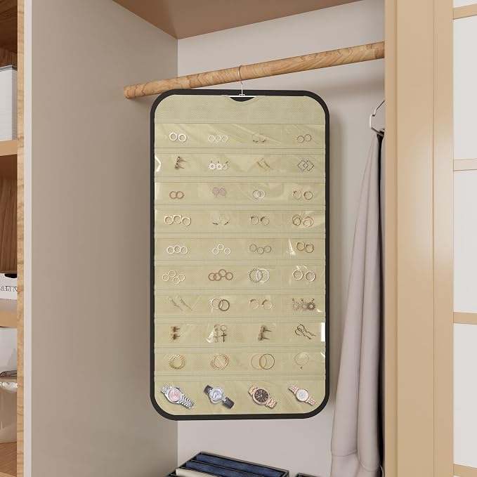 Hanging Jewelry Organizer for Necklaces Earrings, 1-Pack, Black and Beige | Foldable Double-Sided 36 hooks & 40 clear pockets; swivel hook fits walls, doors & rods for earrings, bracelets, rings