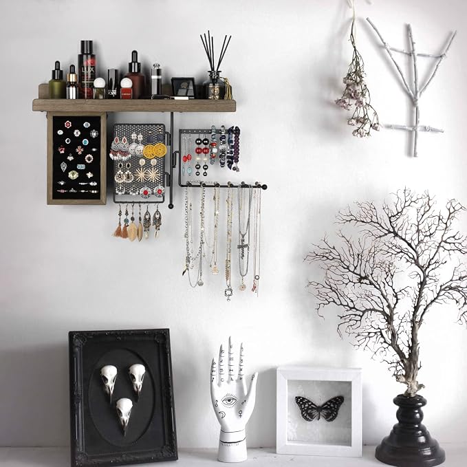 SOLIMINTR Hanging Jewelry Organizer Wall Mount Holder with Rustic Wood Shelf, Ring Display Box, Ear Studs Earring Holder, Rotating Necklace for Gothic Goth Accessories