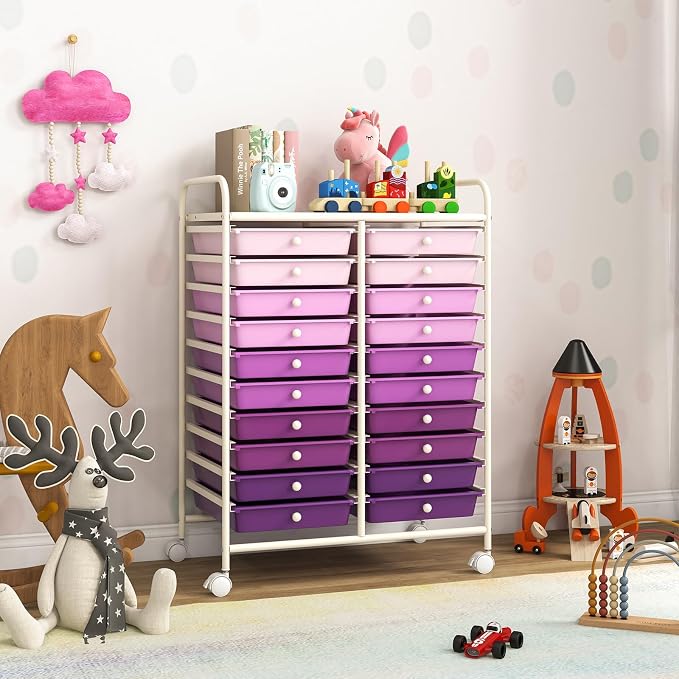 DREAMADE Rolling Cart with Storage Drawers, Utility Cart w/Removable Plastic Drawers, Lockable Wheels, Art Cart for Classroom Organization Art Supplies Office Scrapbook (20 Drawers, Purple Gradient)
