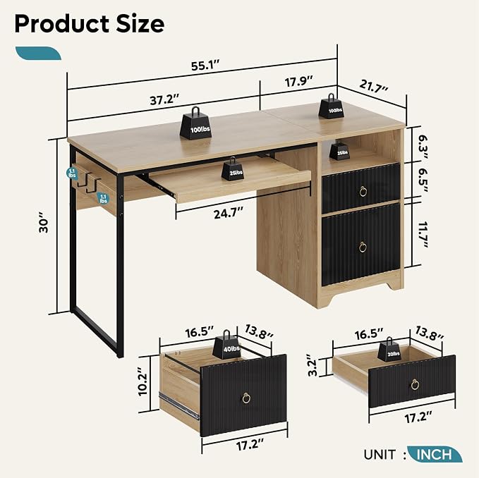 Bestier 55 Inch Office Desk with Fluted Panel & Keyboard Tray, Natural Oak | 55 X 22 In Work Surface, File Drawer, Reversible Pedestal, Fluted Panels And Keyboard Tray For Home Office Storage.