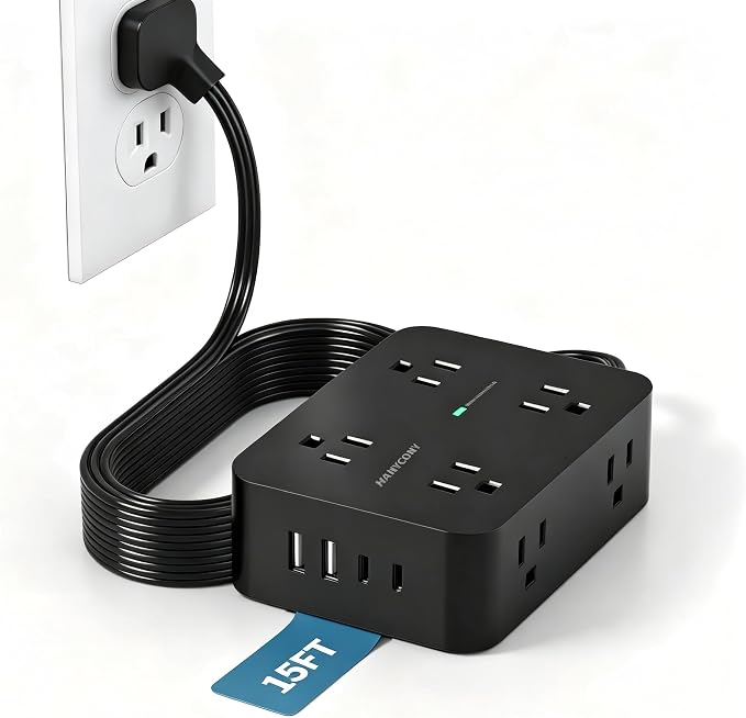HANYCONY Surge Protector Power Strip 15 Ft, Flat Plug Extension Cord with 8 Outlets and 4 USB Ports(2 USB C), Wall Mount Outlet Extender Charging Station for Home Office Desk Essentials, Black