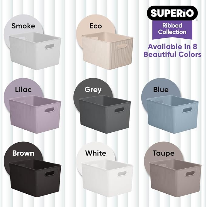Superio Ribbed Collection - Eco-Friendly Decorative Plastic Basket Open Home Storage Bin and Lid, X-Large (1 Pack) Container Boxes for Organizing Closet Storage Bins for Shelves 22 Liter/23 Quart