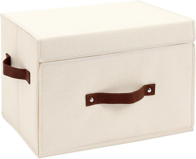 Storage Bins Box with Lids Front Opening Window Decorative Cotton Linen Fabric Basket PU Leather Handles Washable PP Plastic Board Foldable Shelf Closet Organizer Container (Beige, Large)