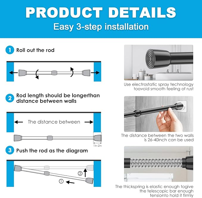 MEXAU 4Pcs Tension Curtain Rod 26-39 inch Spring Tension Rods Black Tension Rods Adjustable Spring Rod Extendable Tension Rod For Kitchen, Bathroom, Window, Bookshelf,Closet.