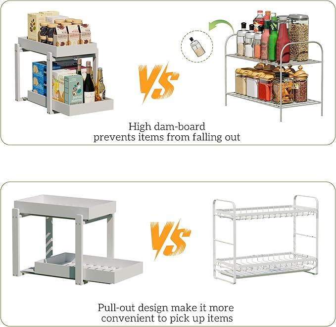 APRTAT 2 Pack Under Sink Organizer, Bamboo Wooden 2-Tier Pull-Out Storage with Sliding Drawers for Kitchen and Bathroom Cabinets, Easy Installation (White, 2 Packs)