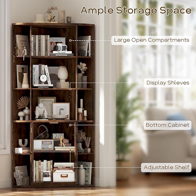 Vabches Corner Storage Cabinet, Farmhouse Storage Shelf with Bottom Cabinet, 67” Tall Corner Bookshelf with Barn Doors and Adjustable Shelf for Study, Living Room and Bedroom(Rustic Brown)