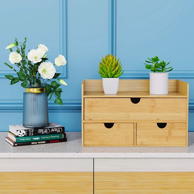 Bamboo Desk Organizer with Drawers, Desktop Storage for Office Supplies | 3 Drawers Desktop organizer, No Assembly Required, Natural Wood Wooden Desktop Drawers Box for Bills, Cosmetics, Seals, Paper