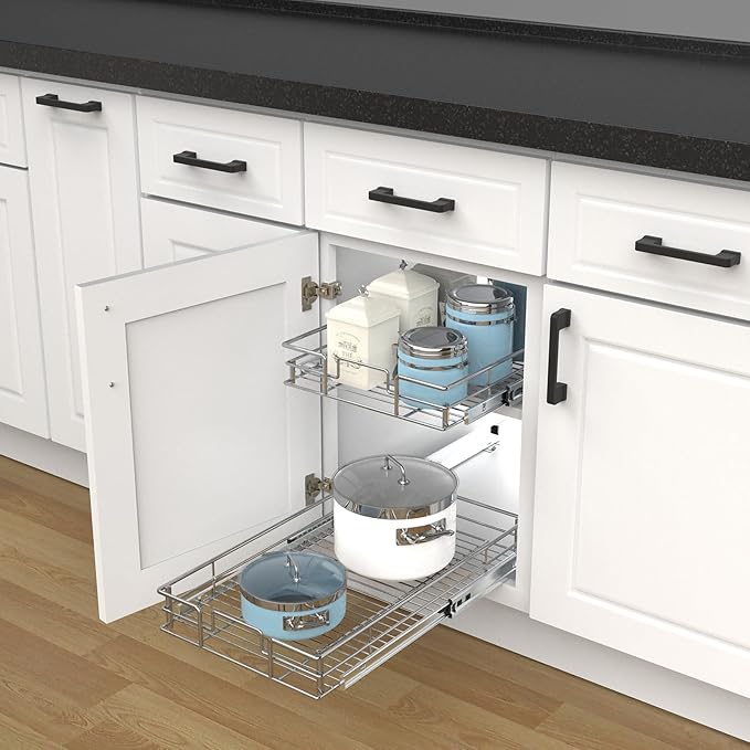 Pulloutor Pull Out Cabinet Organizer,Slide Out Kitchen Cabinet Storage Shelf and Drawer Organizer NEED 21" W and 22" D Cabinet, Chrome Finish (20 * 21 in)