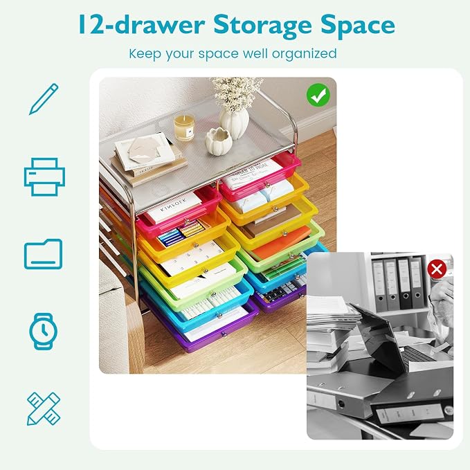 GOFLAME 12-Drawer Rolling Storage Cart, Multifunctional Art Craft Organizer Cart, Mobile Utility Storage Cart with Removable Drawers & Lockable Wheels, Craft Cart for Home Office School, Rainbow