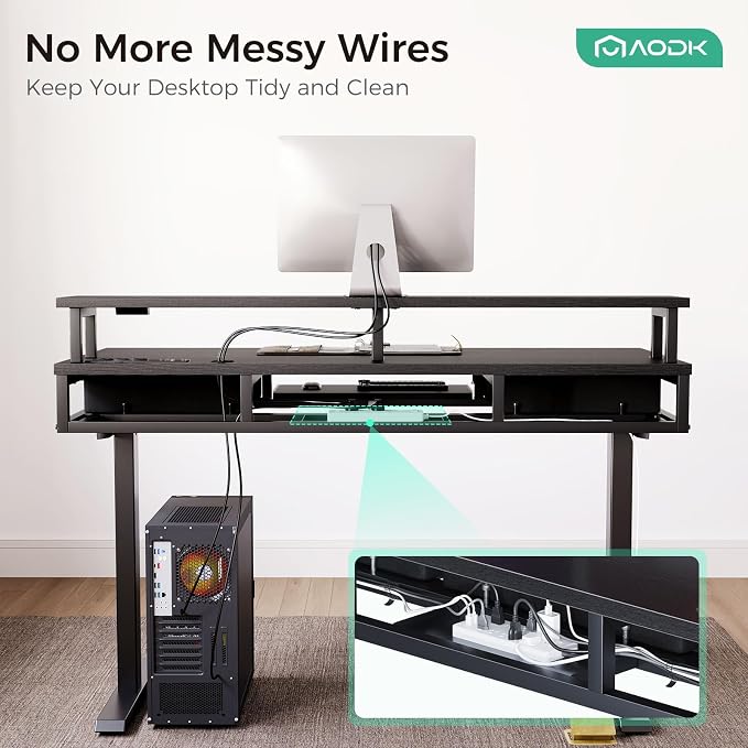 AODK 55 Inch Electric Standing Desk with Drawers & Keyboard Tray, Black | 3 Outlets & 2 USB Ports, 20-Mode LED Lights, Monitor Stand, Cable Management Tray, 3 Memory Heights, 29.9"-46.1" in Range