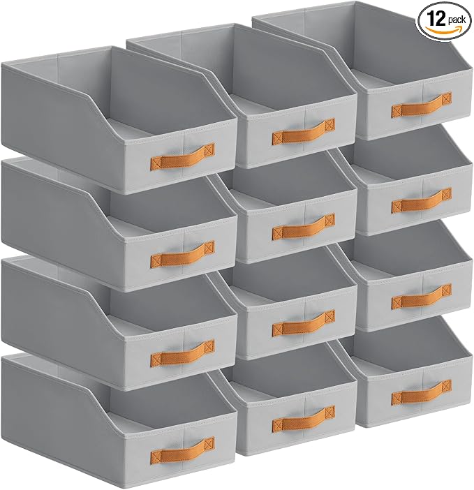 Homsorout Fabric Storage Bins for Organizing - 12 Pack Large Trapezoid Collapsible Storage Bins with Front Handle, Closet Organizers and Storage for Bedroom, Home Shelves, Small Spaces, Grey