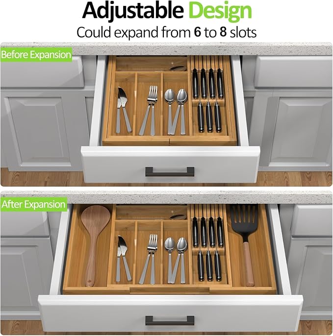Nexxuss Bamboo Kitchen Drawer Organizer, Expandable Utensil Organizer with Removable Knife Block, Cutlery Tray Holder with Divider, Adjustable Silverware Organizer, Wood Tableware Dividers Storage